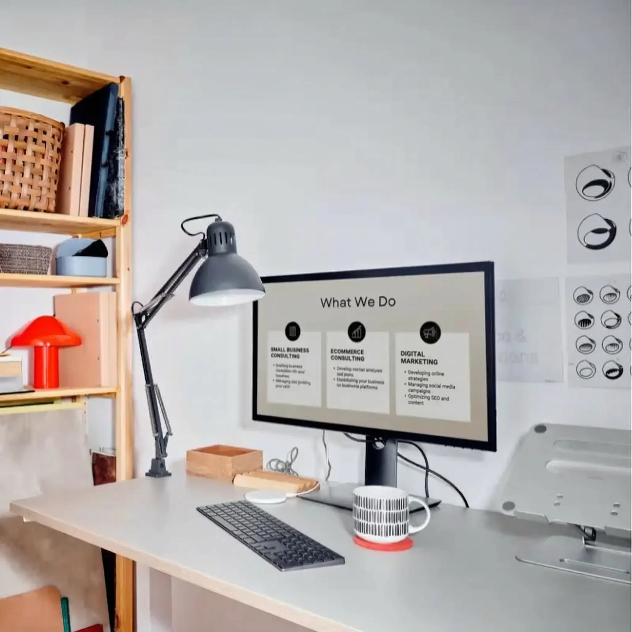 Digital marketing services displayed on desktop screen in modern office workspace