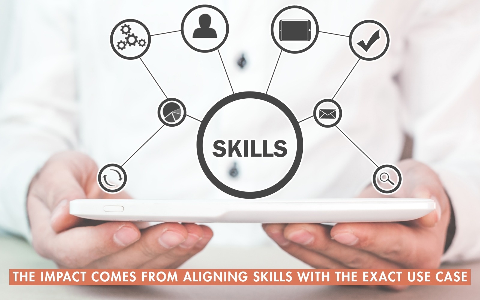 Illustration of interconnected digital skills around a central hub displayed on a tablet, representing alignment of skills across different use cases