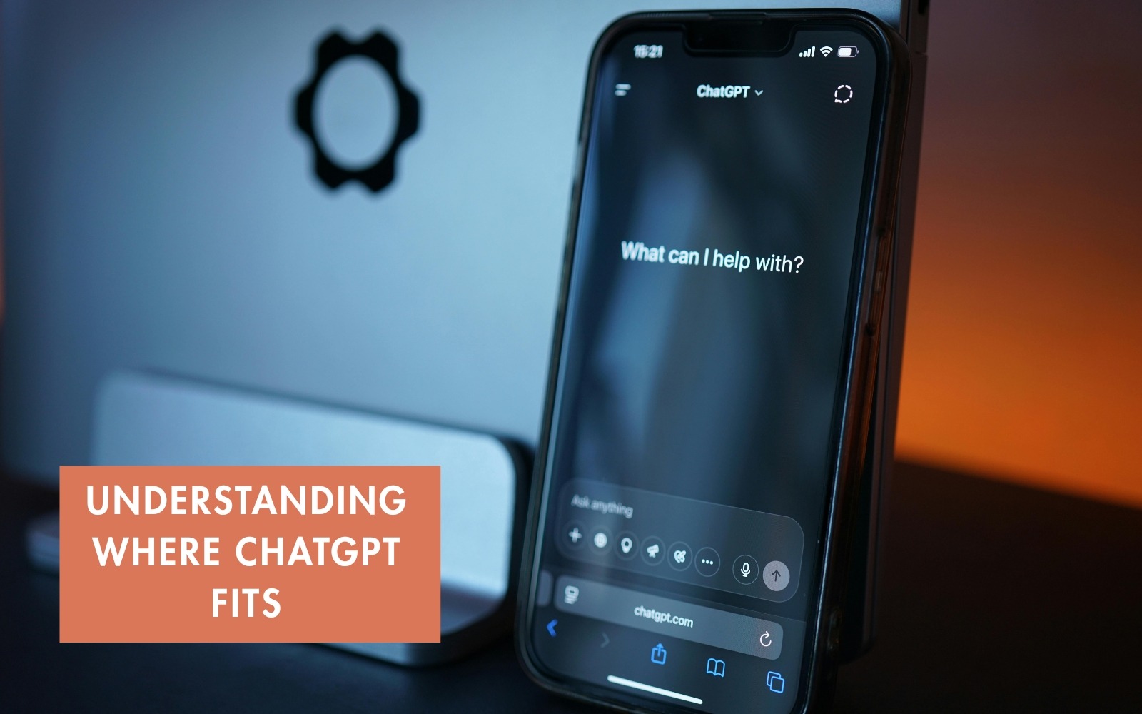 Smartphone displaying the ChatGPT interface with a prompt input screen, representing idea generation and AI-assisted content creation