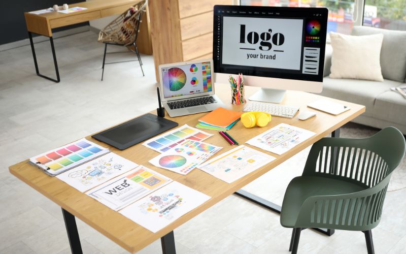 design workspace with logo displayed on screen alongside color palettes sketches and branding materials signifying the need to start company name and logo design together