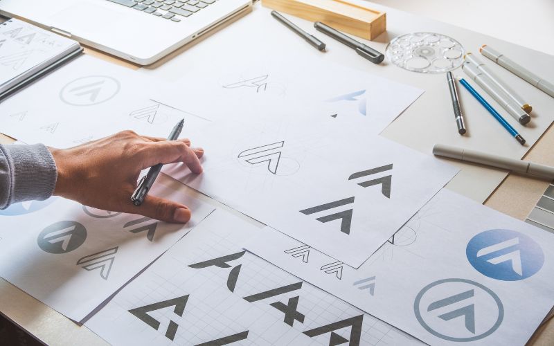 hand sketching and reviewing multiple logo symbol concepts on paper with different variations representing early stage logo design process and exploration