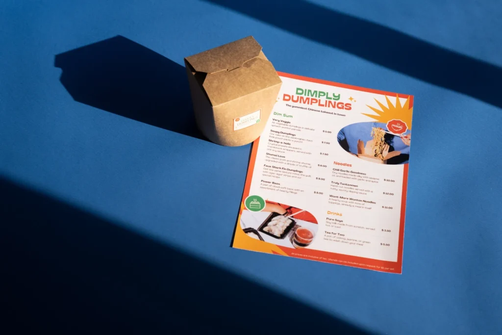 modern restaurant menu flyer and takeaway food packaging branding concept
