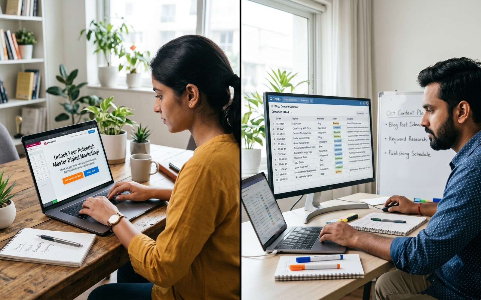  A copywriter working on a landing page on laptop alongside a content writer managing a blog content calendar in Trello