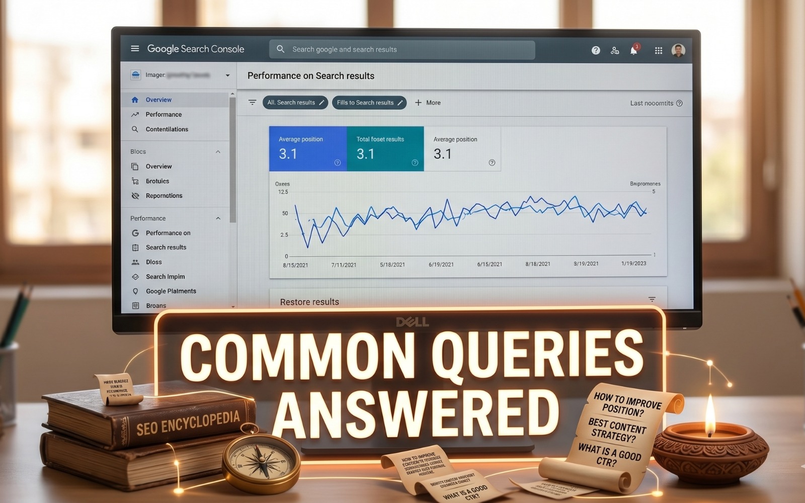Google Search Console performance dashboard on a monitor surrounded by an SEO encyclopedia, compass, and scroll notes with common content writing questions like "best content strategy" and "what is a good CTR"