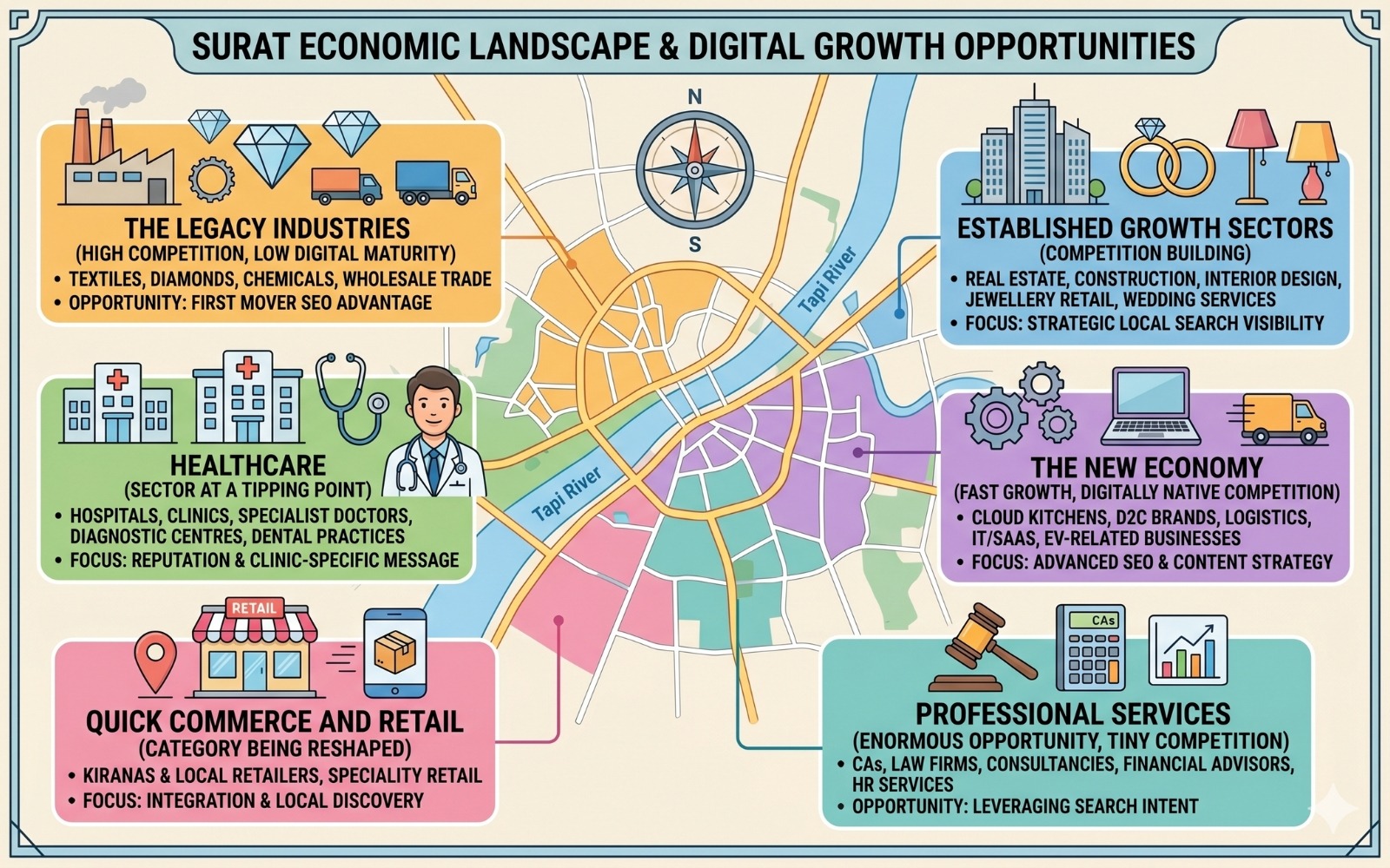  Infographic map of Surat showing six business sectors and their local SEO opportunity levels, including textiles, healthcare, real estate, and professional services