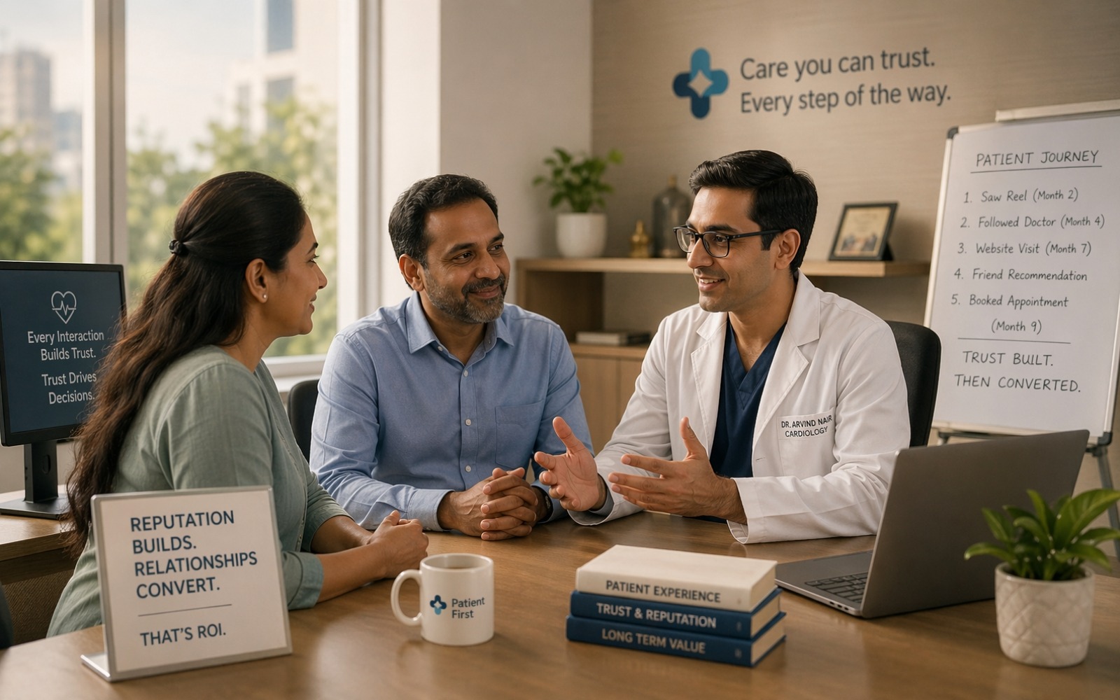 A cardiologist consulting with a couple in a clinic, with a whiteboard showing the five-stage patient journey from discovering a social media reel to booking an appointment