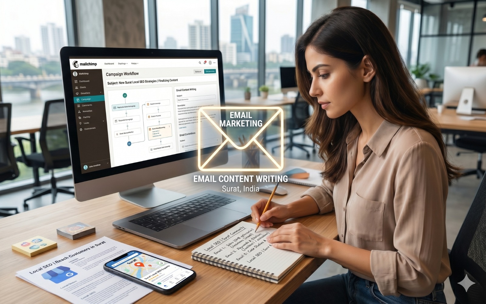 A content writer planning an email marketing campaign in Mailchimp, with a campaign workflow on screen and handwritten email sequence notes on a notepad