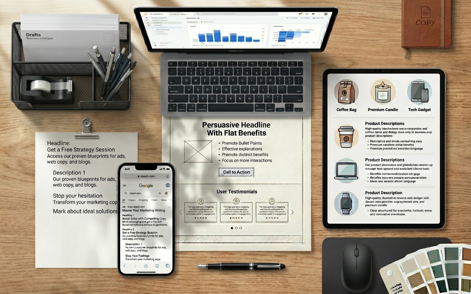  Flat lay of copywriting work formats including ad copy drafts, a landing page wireframe with CTA, Google search ads on mobile, and product description layouts on a tablet