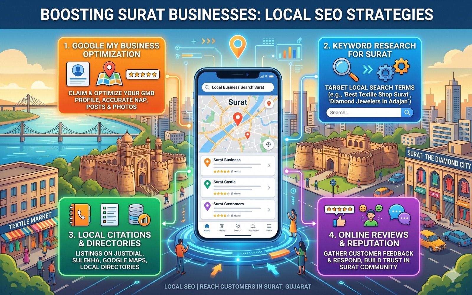 Illustrated infographic showing four local SEO strategies for Surat businesses: Google Business Profile optimisation, keyword research, local citations on Justdial and Sulekha, and online review management among others