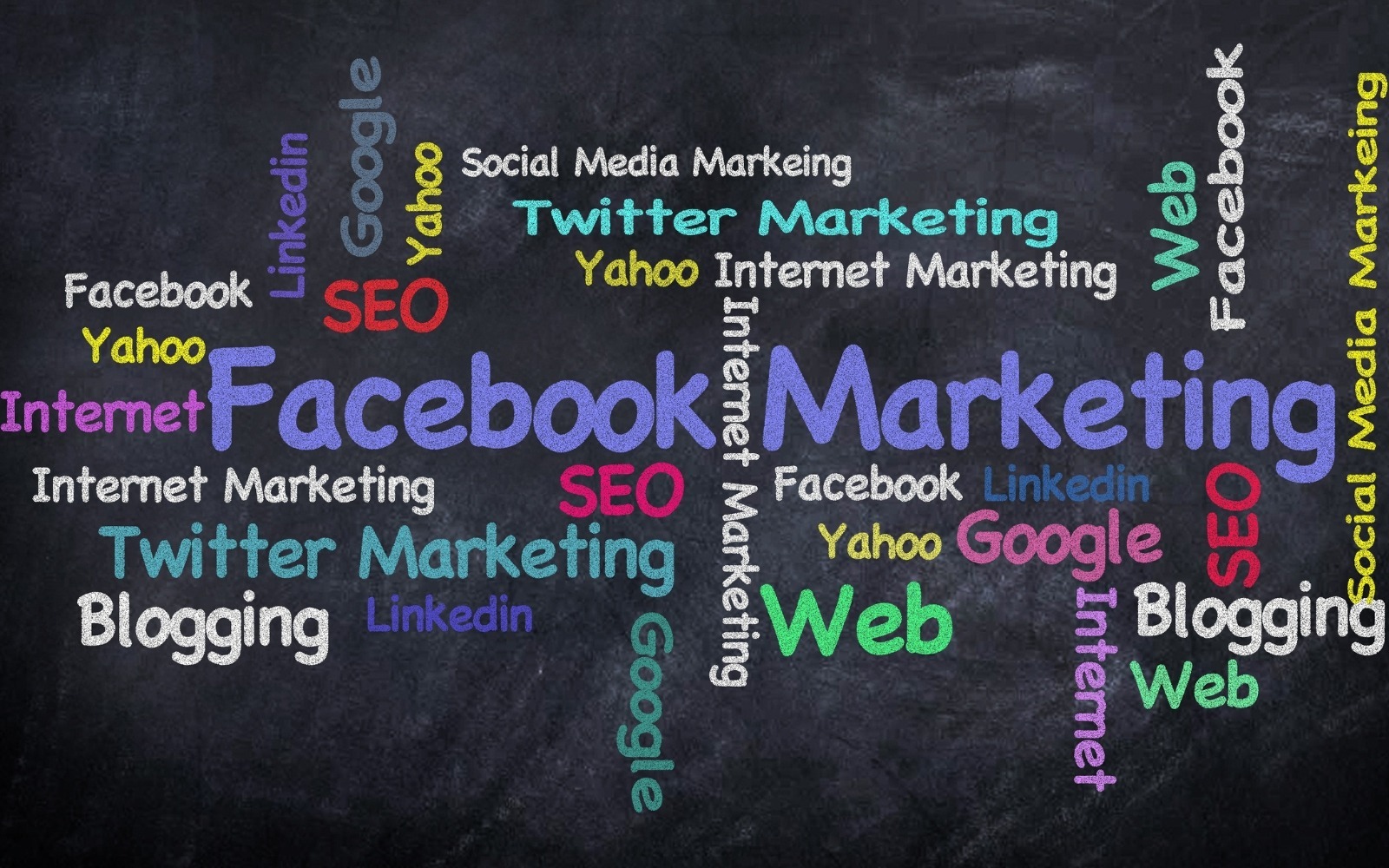  Chalkboard illustration showing social media and digital marketing channels relevant to hospital promotion including Facebook, LinkedIn, SEO, and internet marketing 