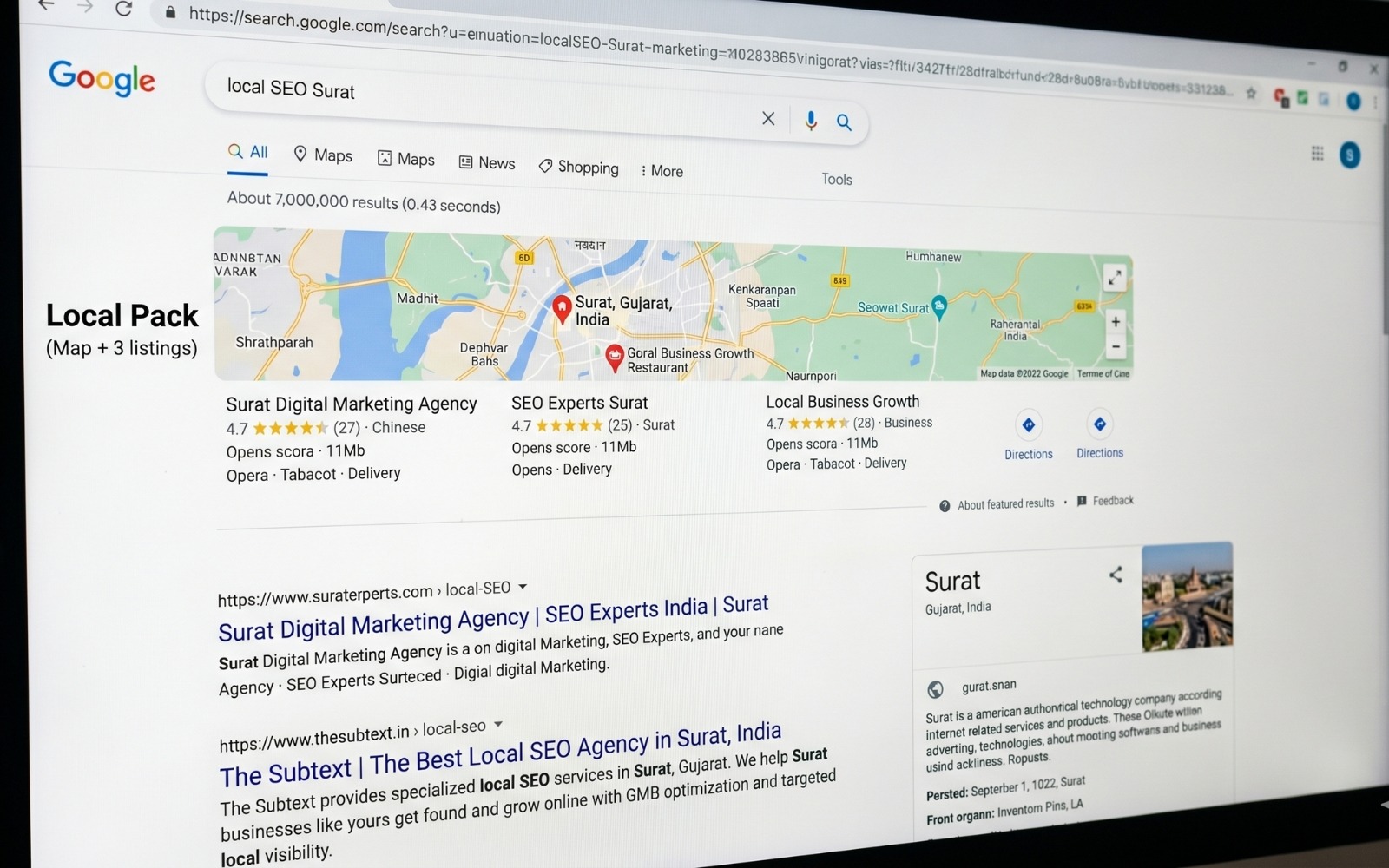 Google search results page for "local SEO Surat" showing the local map pack with three business listings and organic results below, including The Subtext