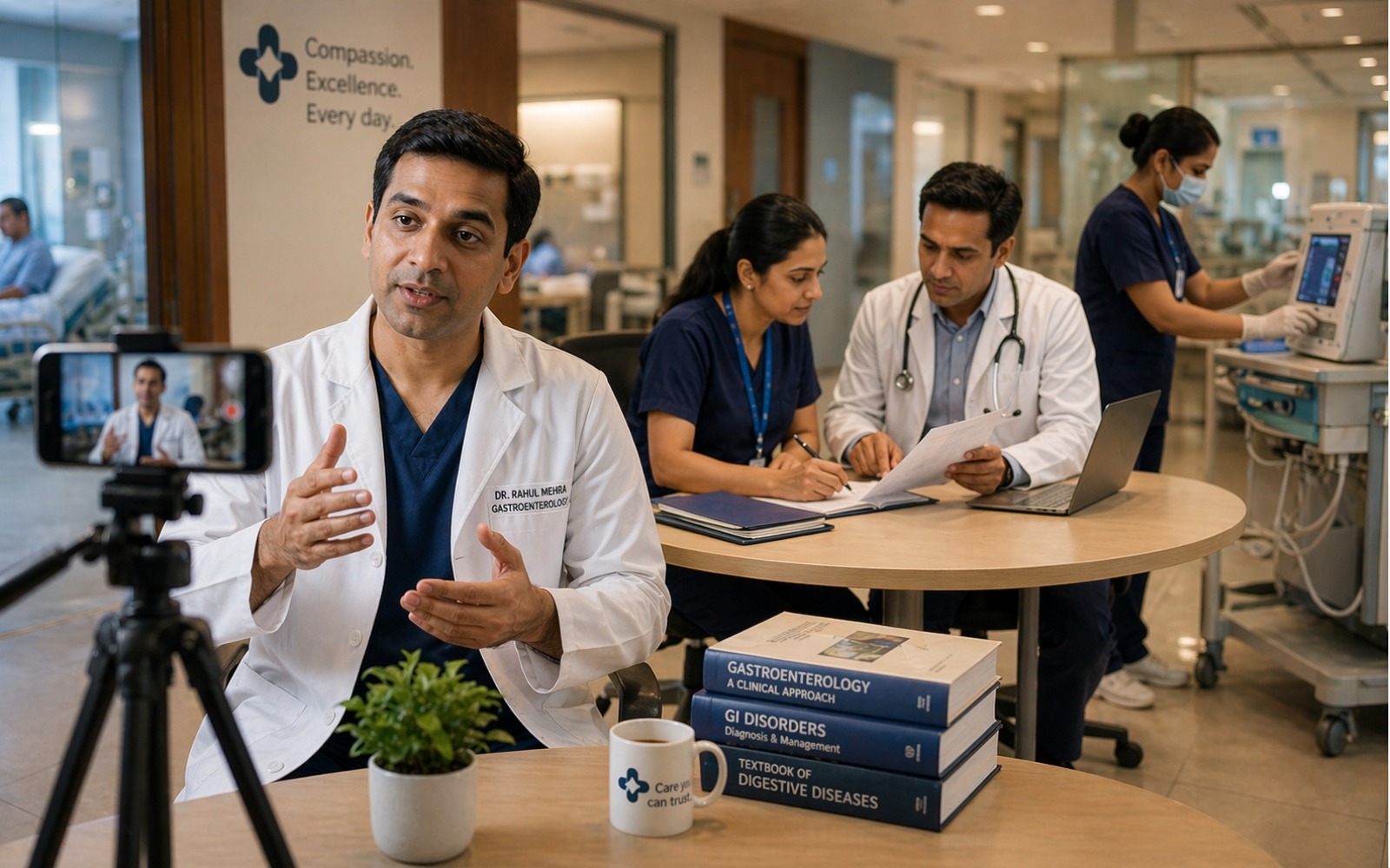 A gastroenterologist recording a patient education video in a hospital setting, with clinical books in the foreground and medical staff working in the background 