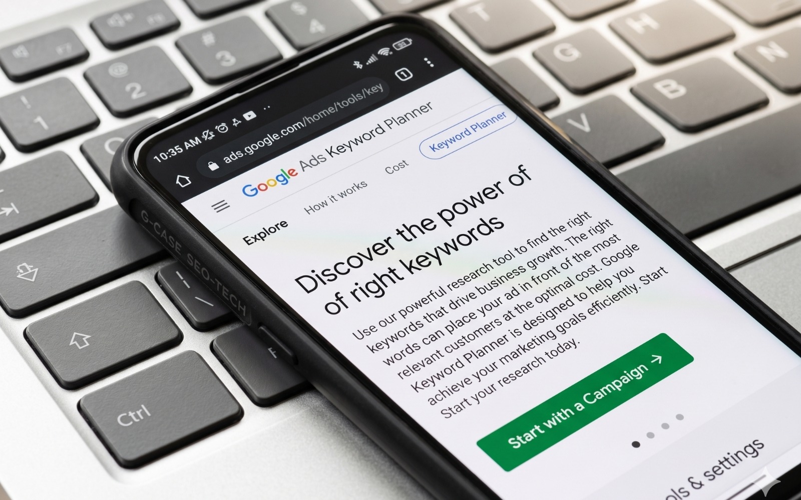 Google Keyword Planner open on a mobile phone used for B2B keyword research targeting low-volume high-intent search queries
