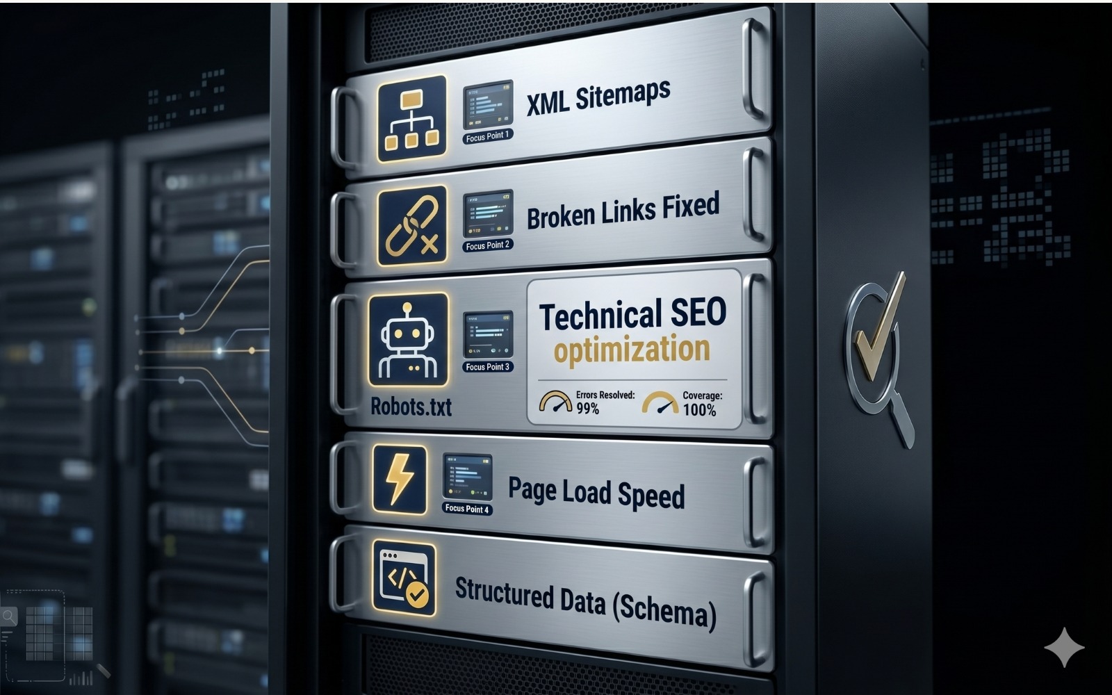 Technical SEO optimization checklist for B2B websites covering XML sitemaps, broken link fixes, robots.txt, page load speed, and structured data schema