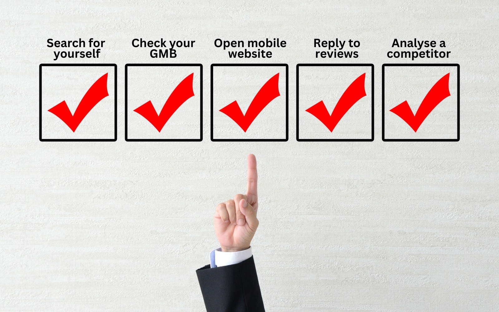 Checklist graphic with five red tick boxes labelled: search for yourself, check your GMB, open mobile website, reply to reviews, and analyse a competitor