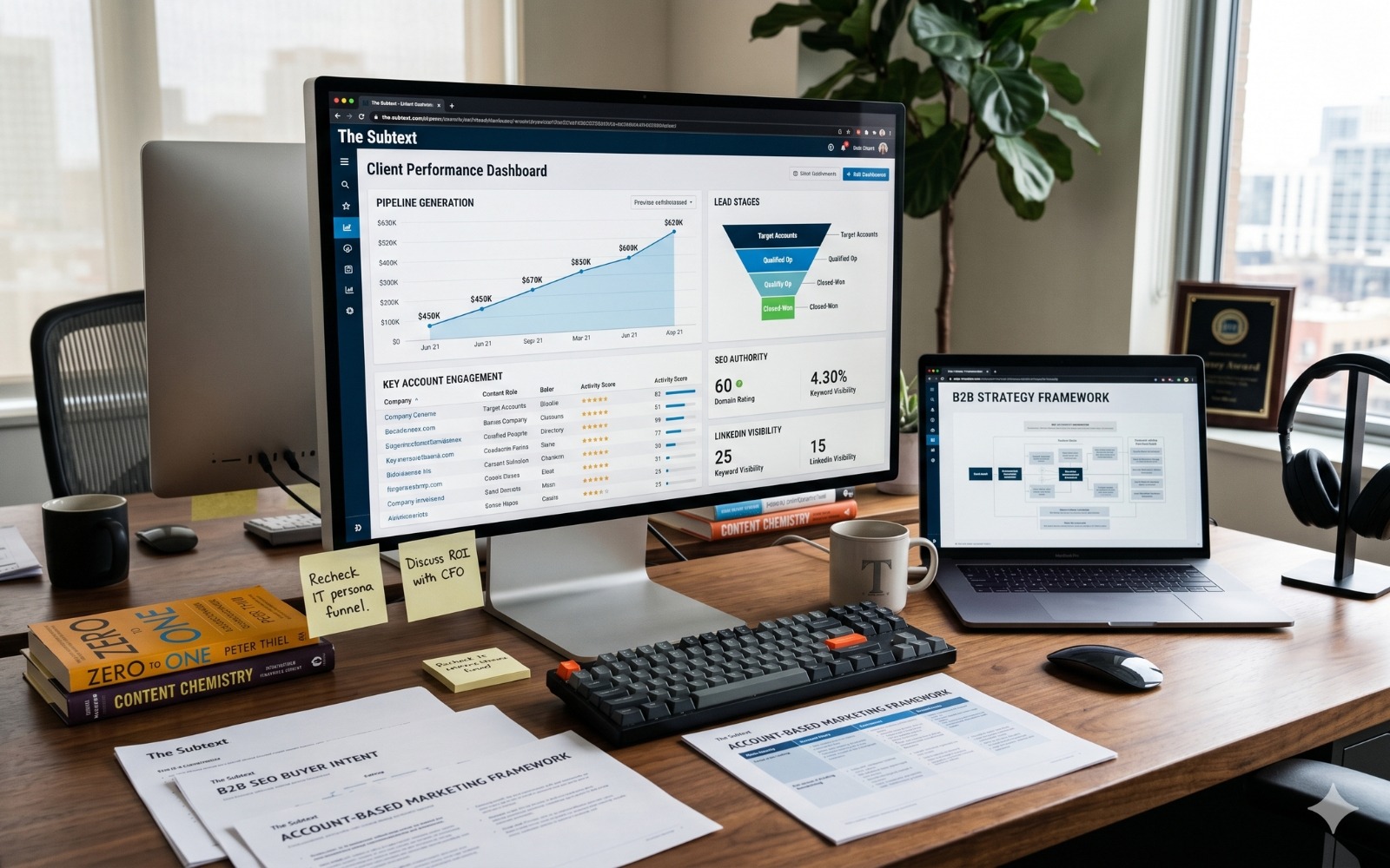 The Subtext agency workspace showing a client performance dashboard with pipeline generation charts and lead stage funnels on a desktop monitor, alongside a B2B strategy framework on a laptop, with printed B2B SEO buyer intent and account-based marketing framework documents on the desk