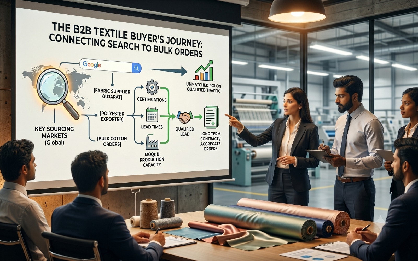 A business presentation showing the B2B textile buyer journey from Google search queries like fabric supplier Gujarat and polyester exporter through certifications, lead times and MOQs to qualified leads and long-term bulk orders