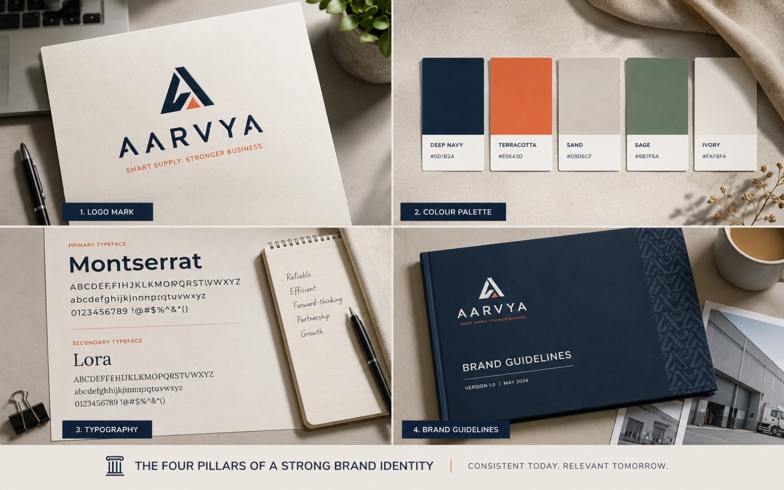Brand identity design system for an Indian D2C and manufacturing company showing logo, colour palette, typography, and brand guidelines