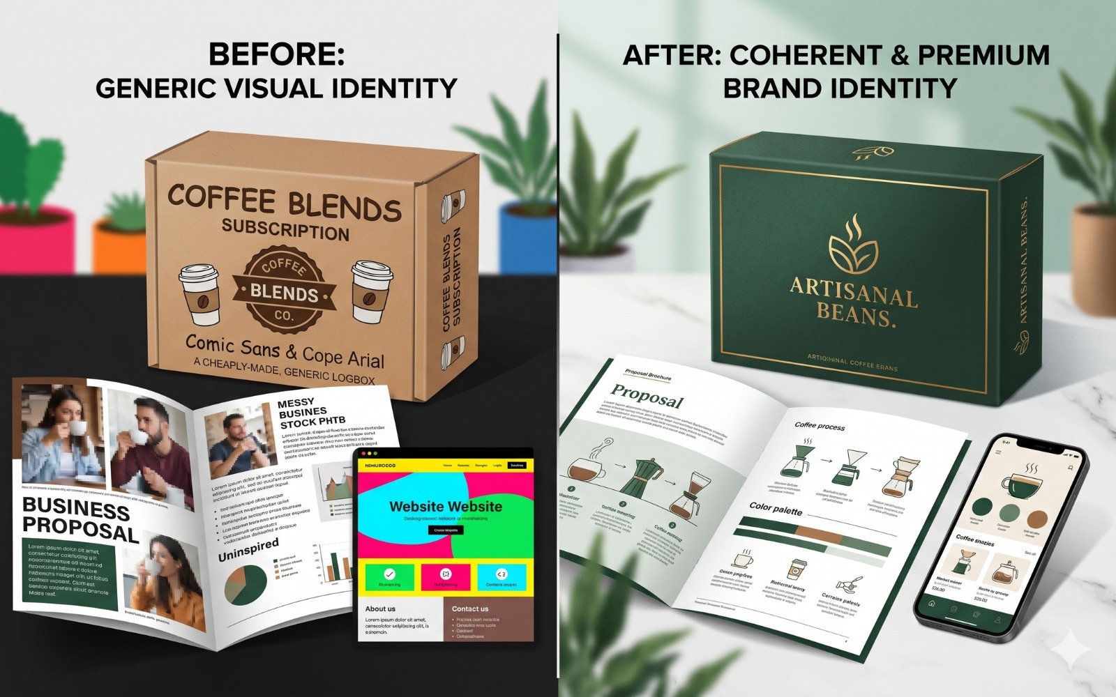 Comparison showing how a coherent brand identity design creates pricing power and perceived credibility for Indian D2C and B2B businesses