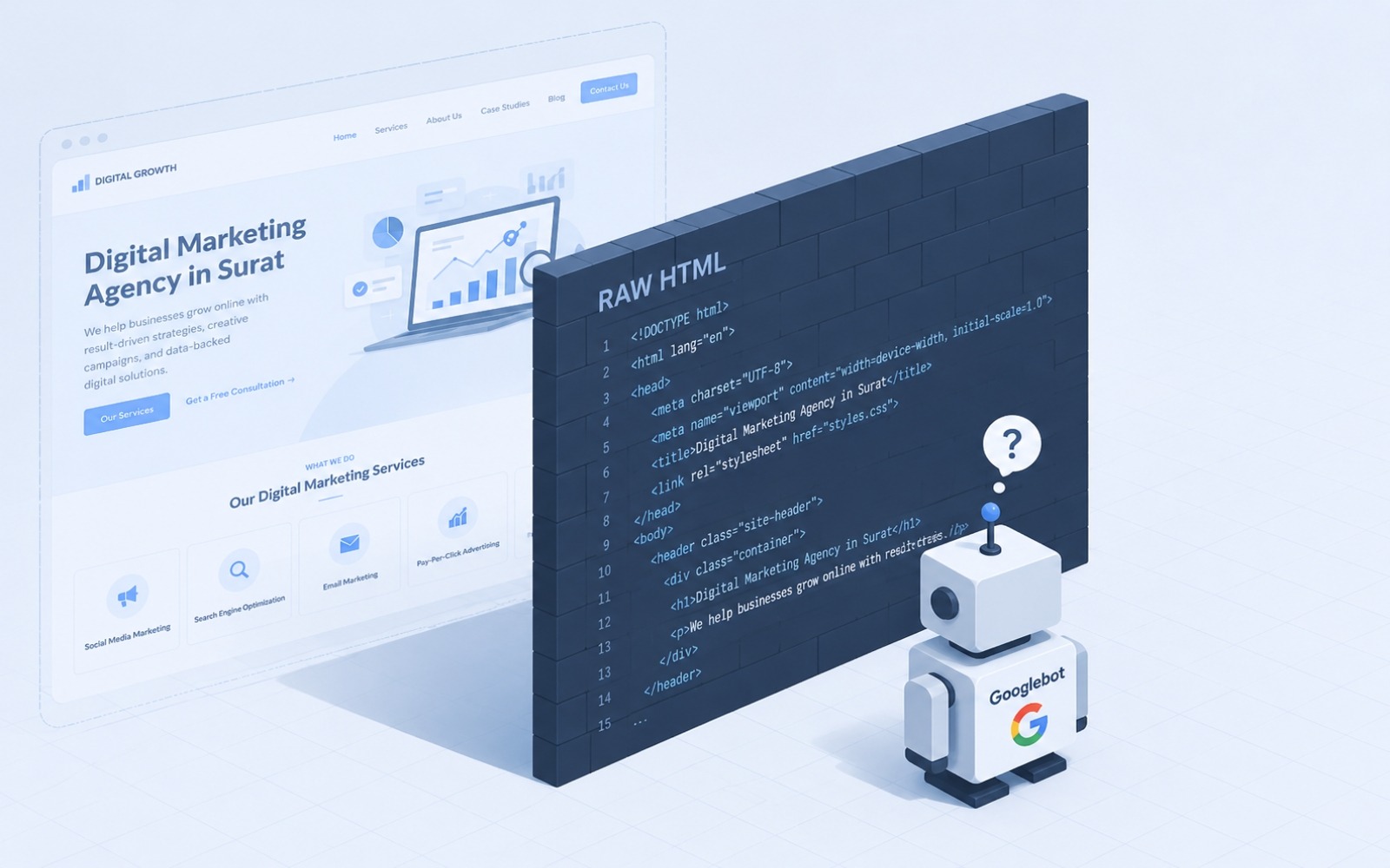 Illustration of a search crawler bot facing a wall of HTML code, unable to see the rendered webpage behind it
