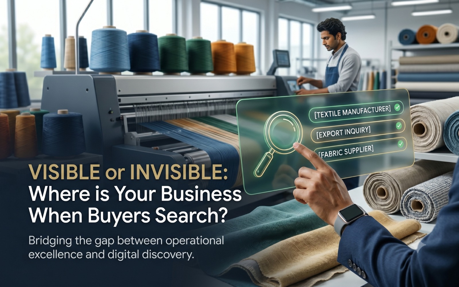A promotional image set in a textile factory, showing a worker at a machine and a businessman pointing to a floating digital screen. The screen displays checkmarks for "TEXTILE MANUFACTURER", "EXPORT INQUIRY", and "FABRIC SUPPLIER". Large text below asks, "VISIBLE or INVISIBLE: Where is Your Business When Buyers Search?" with the subtext, "Bridging the gap between operational excellence and digital discovery."