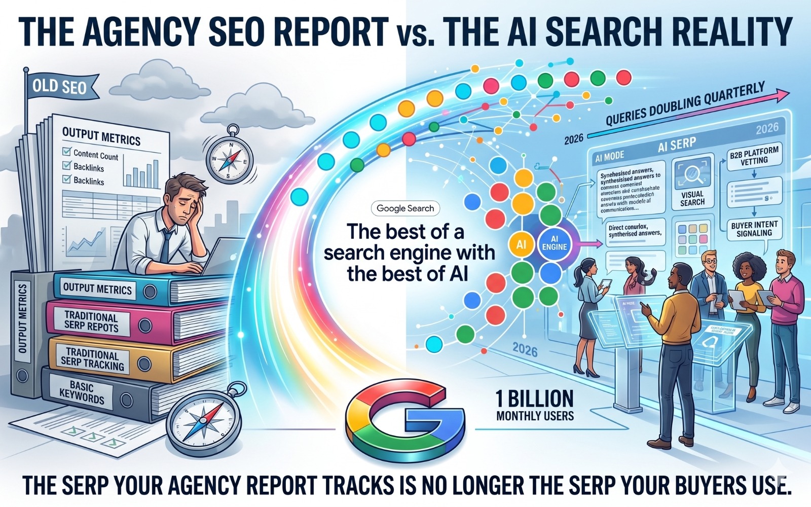 Split-screen illustration comparing traditional SEO reporting focused on rankings, backlinks, and output metrics with the modern AI-powered search landscape featuring AI search engines, visual search, buyer intent signals, and conversational search experiences