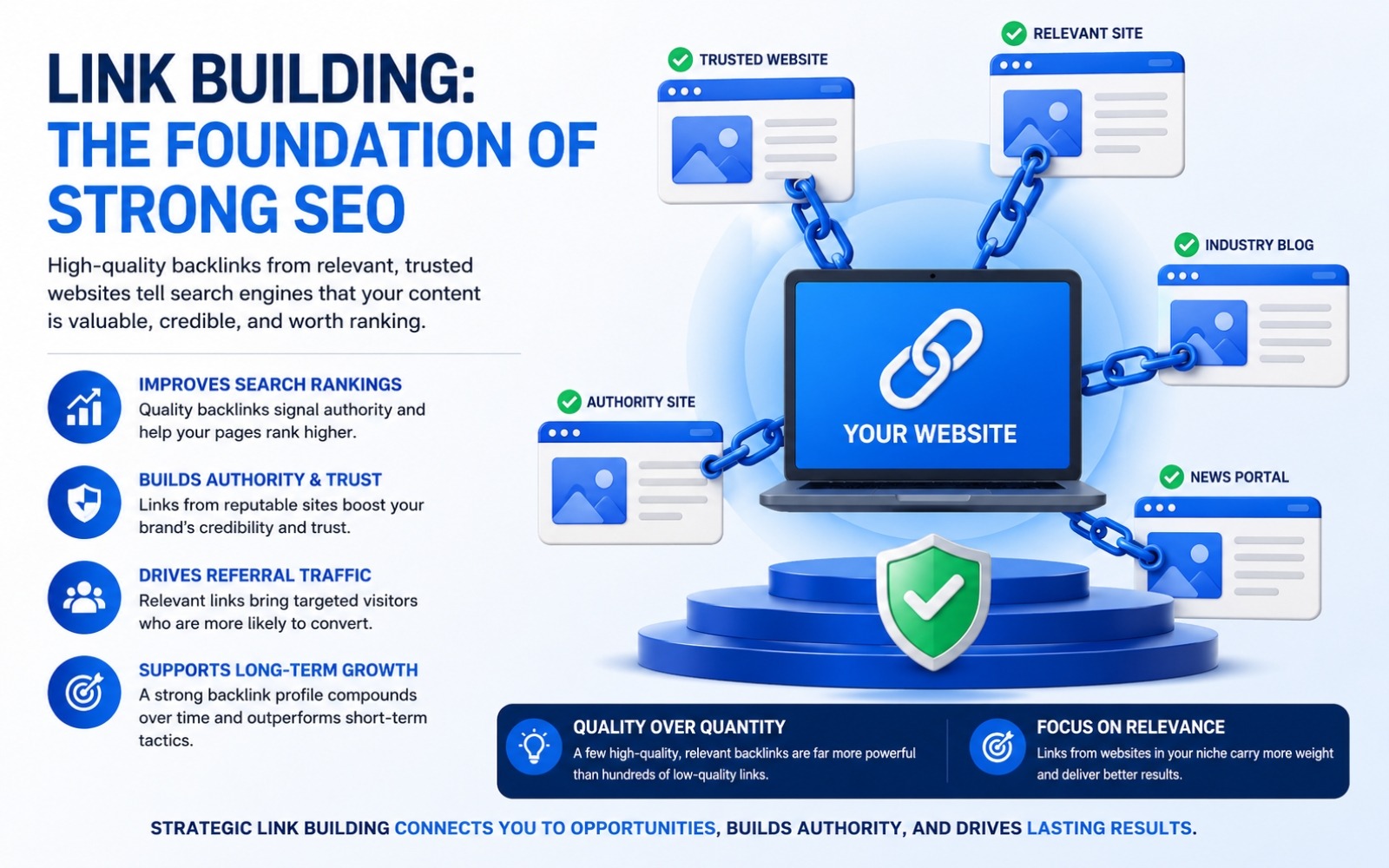 Illustration of a website connected to multiple trusted and relevant websites through backlinks, highlighting how quality link building improves SEO authority, rankings, trust, and referral traffic