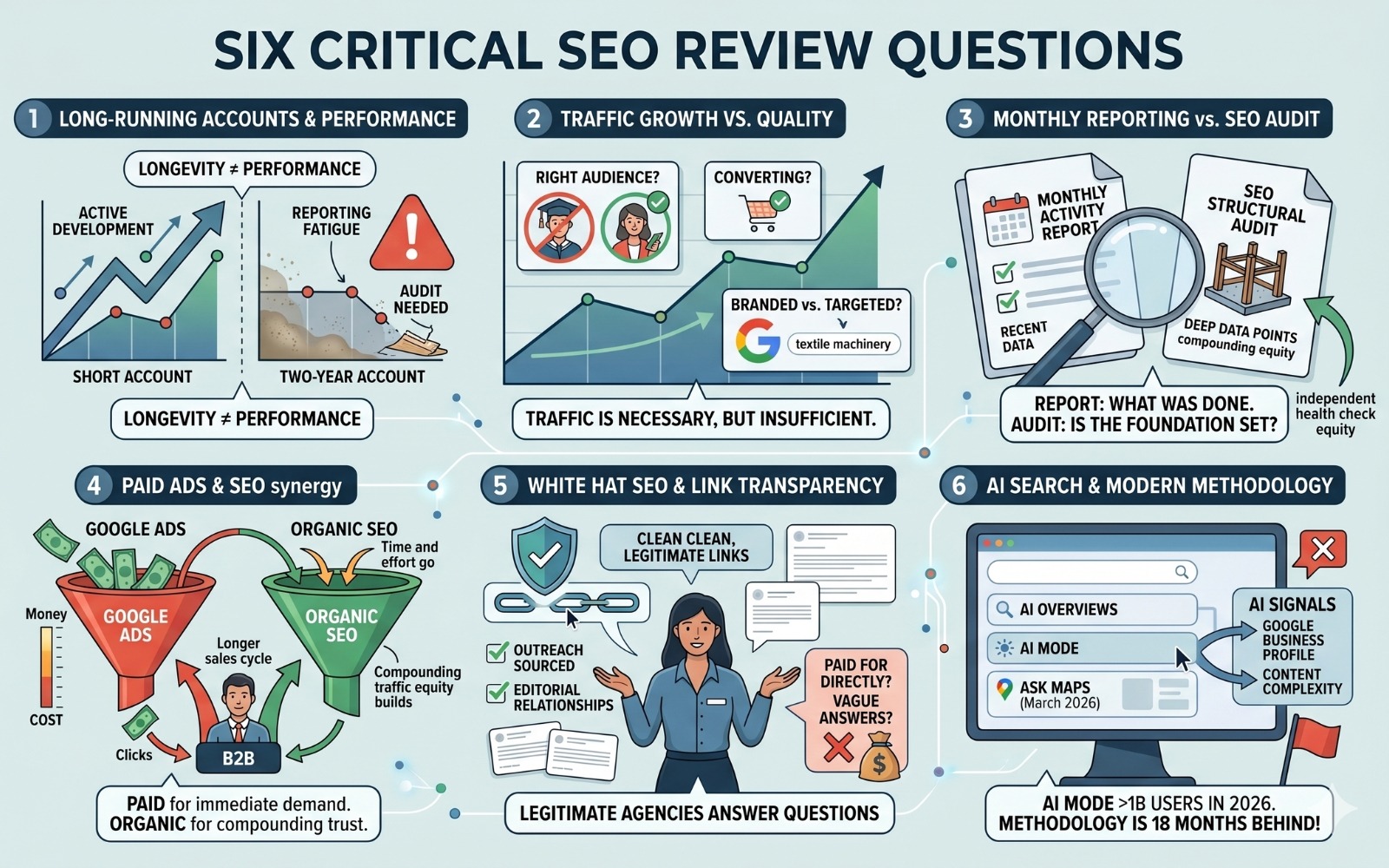 Infographic outlining six critical SEO review questions, covering account performance, traffic quality, reporting versus audits, paid ads and SEO synergy, white-hat link building transparency, and AI search readiness for modern SEO strategies