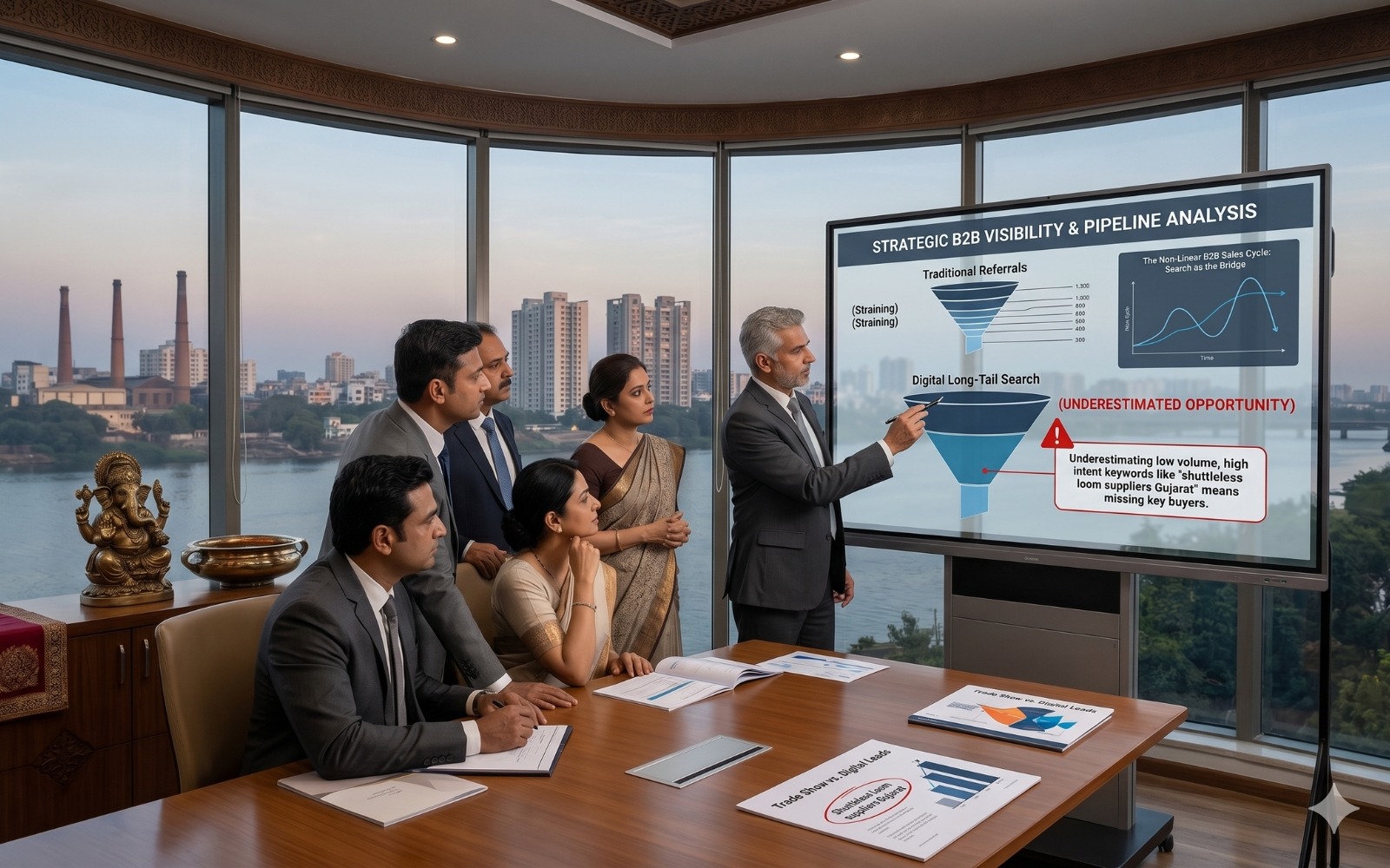 A group of Indian business executives in a Surat corporate boardroom looking at a digital presentation screen showing a pipeline comparison between traditional referrals and digital long-tail search intent for manufacturing.